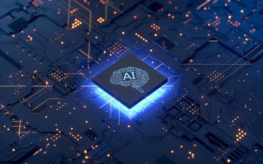 A digital illustration of a glowing computer chip with an brain and AI symbol on it, symbolizing the latest AI hearing aid technology in 2026